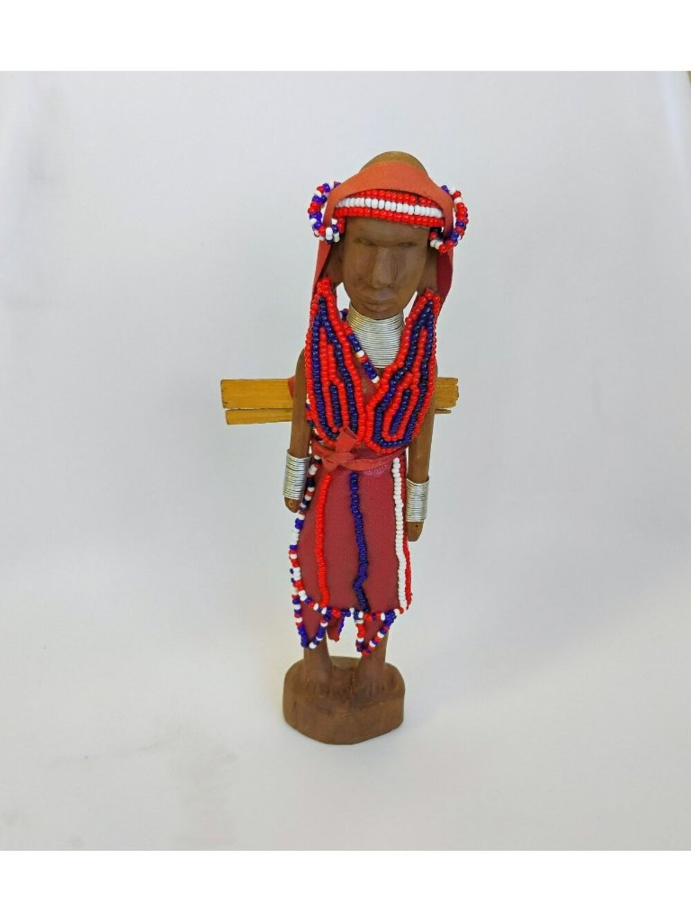 Hand-Carved Wooden Doll Figurine, African Art, Beaded Red Blue, Leather Wood 12"
